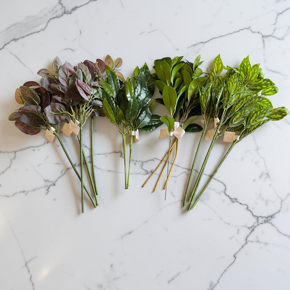 Artificial Mixed Greenery Leaf Stems Indoor Decor Solid Spotted Green Burgundy